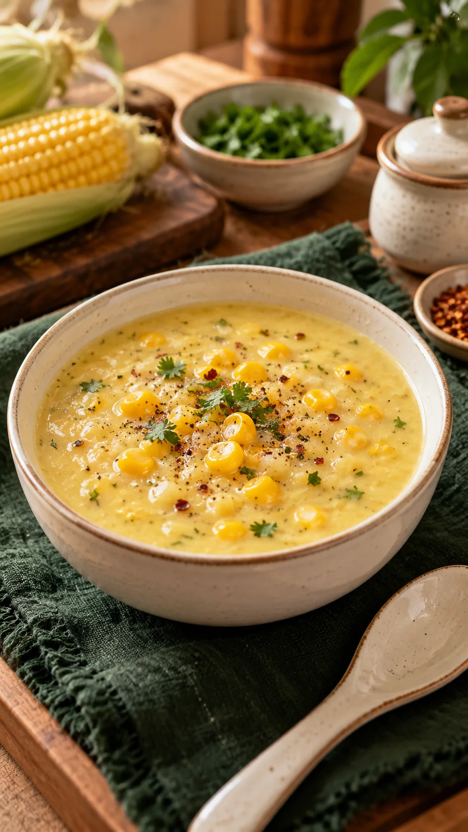 Creamy sweet corn soup with whole kernels