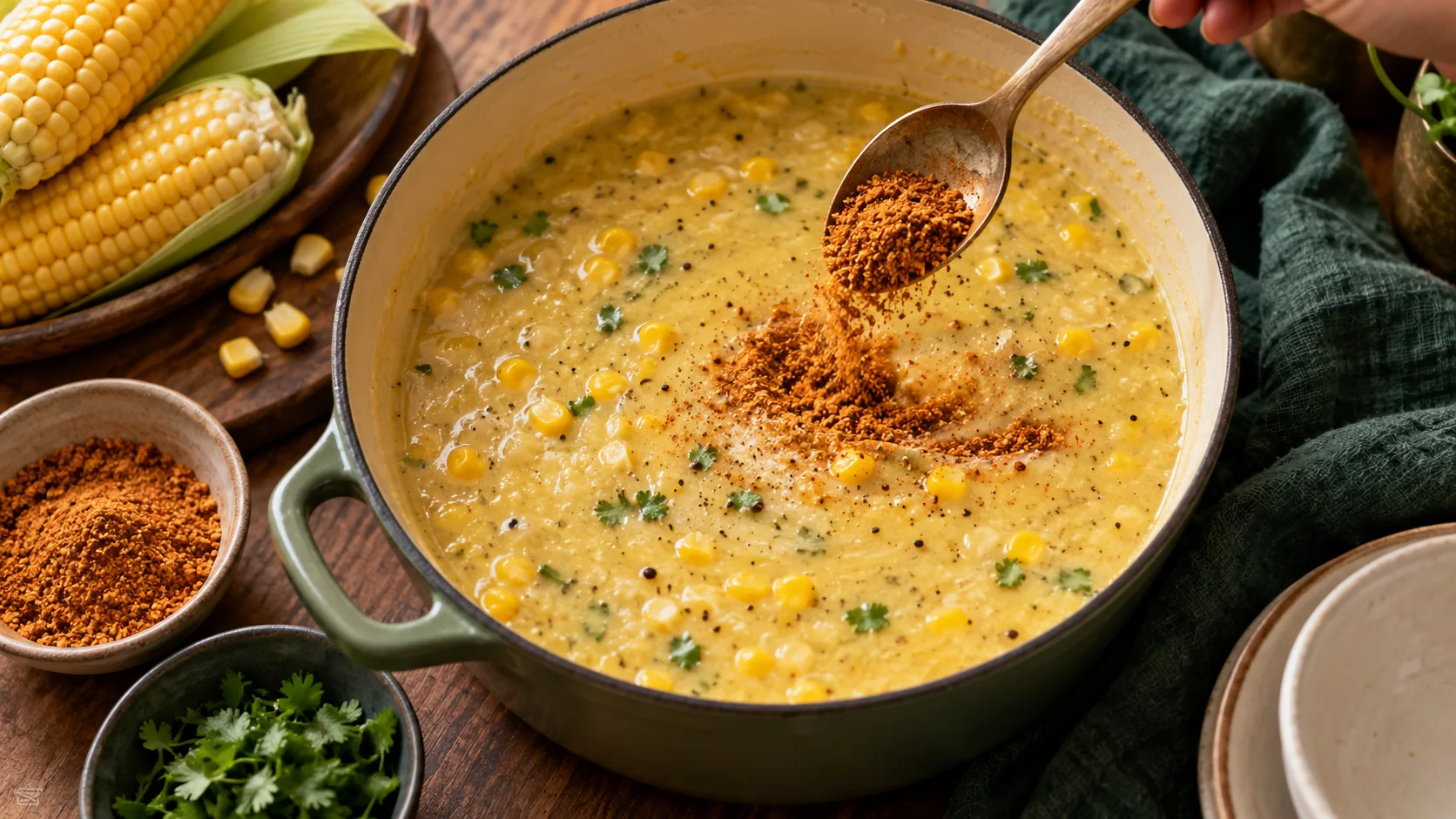 Podi being added to creamy corn soup in a saucepan