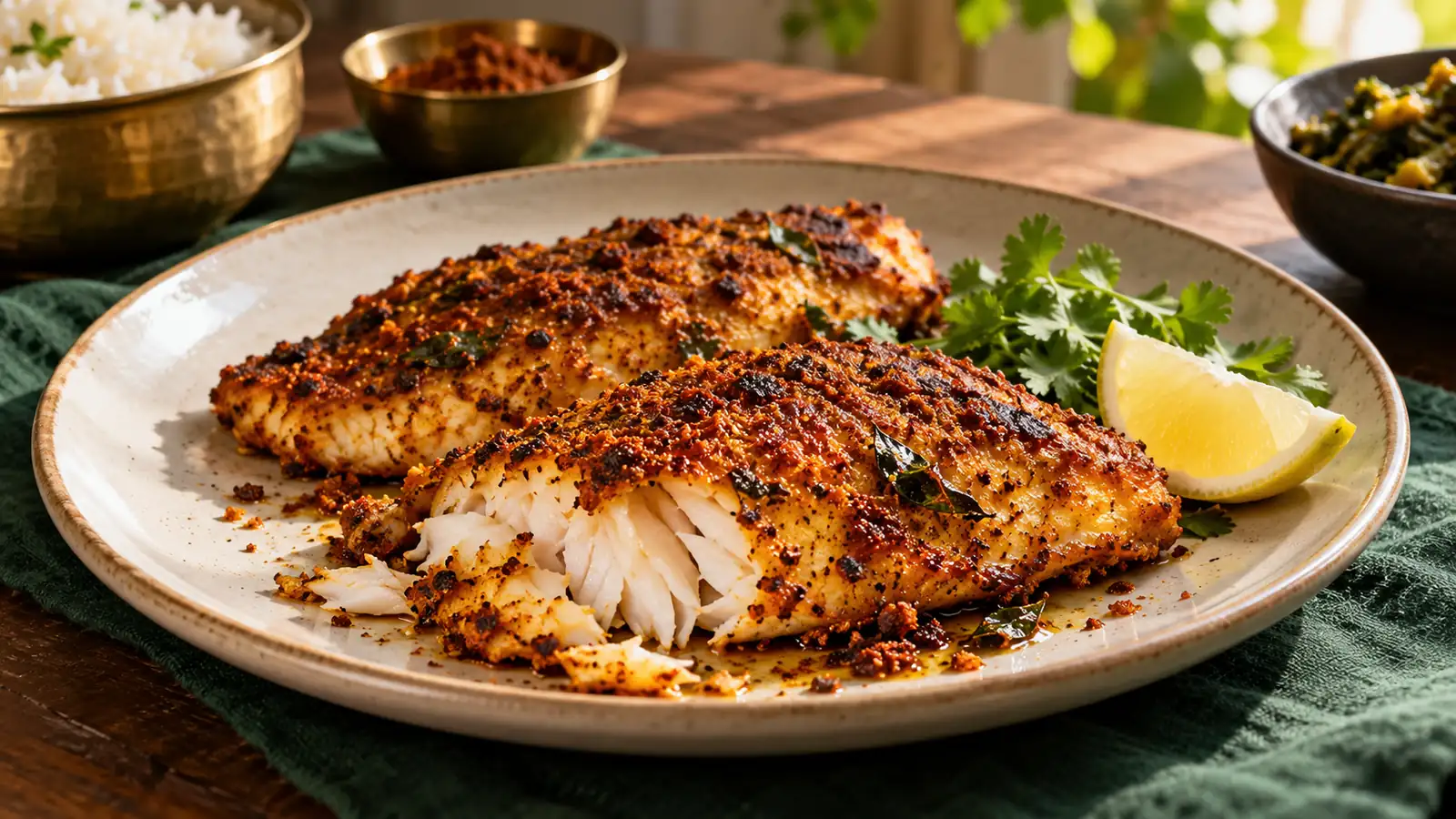 Pan-fried white fish with a podi spice coating and lemon