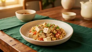 Firm tofu scramble with onion, tomato, coriander and podi seasoning.