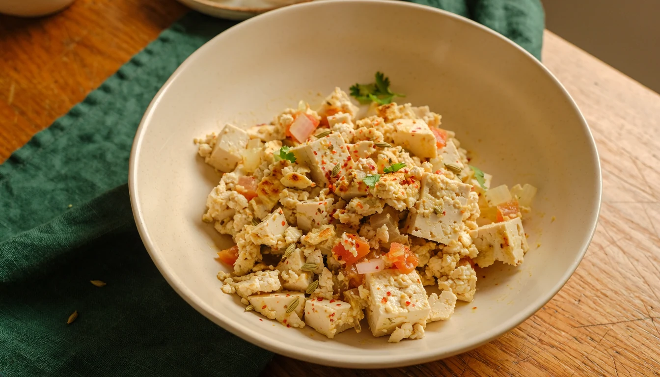 Firm tofu scramble with onion, tomato, coriander and podi seasoning.