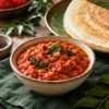 Thick tomato chutney with podi served beside a plain dosa