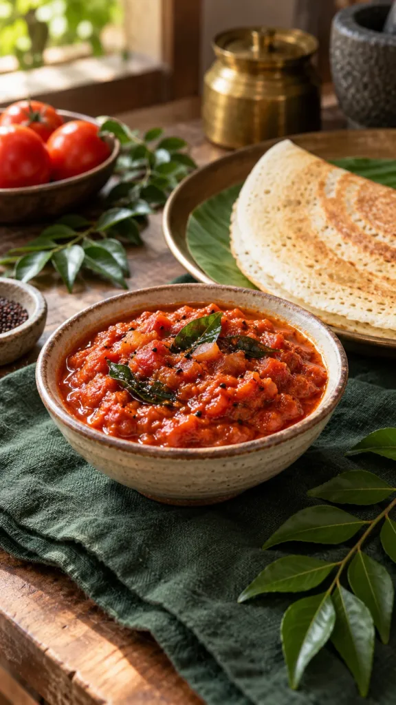 Thick tomato chutney with podi served beside a plain dosa