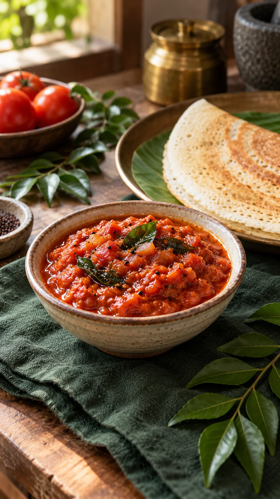 Thick tomato chutney with podi served beside a plain dosa