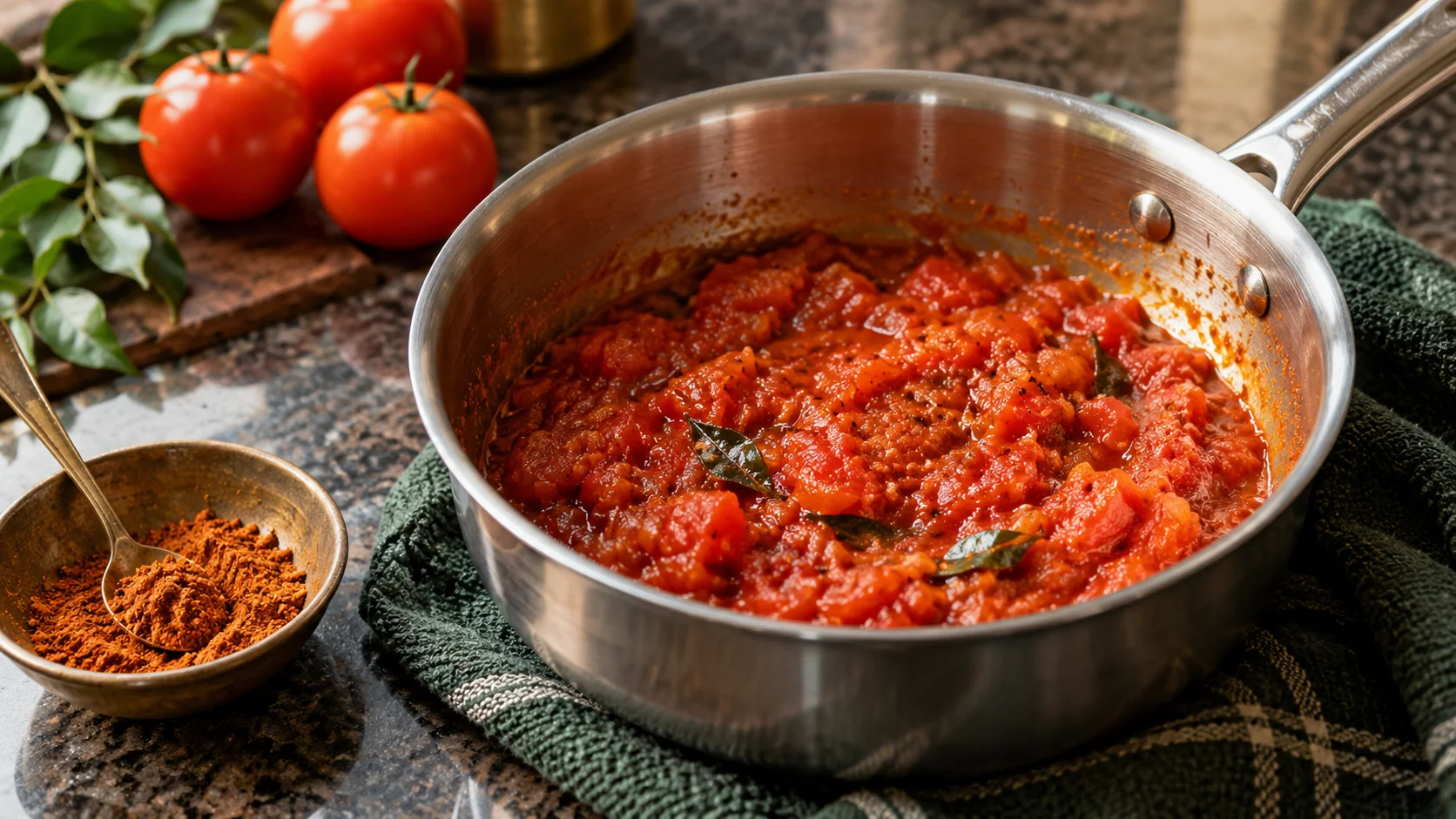 Cooked tomatoes reduced in a pan before adding podi