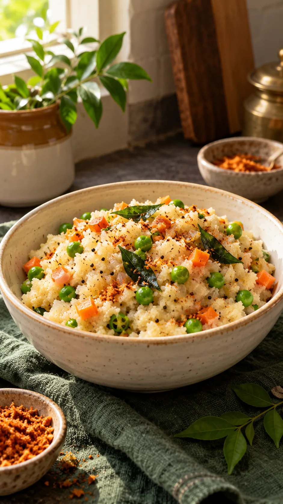 Vegetable upma with carrot, peas and podi