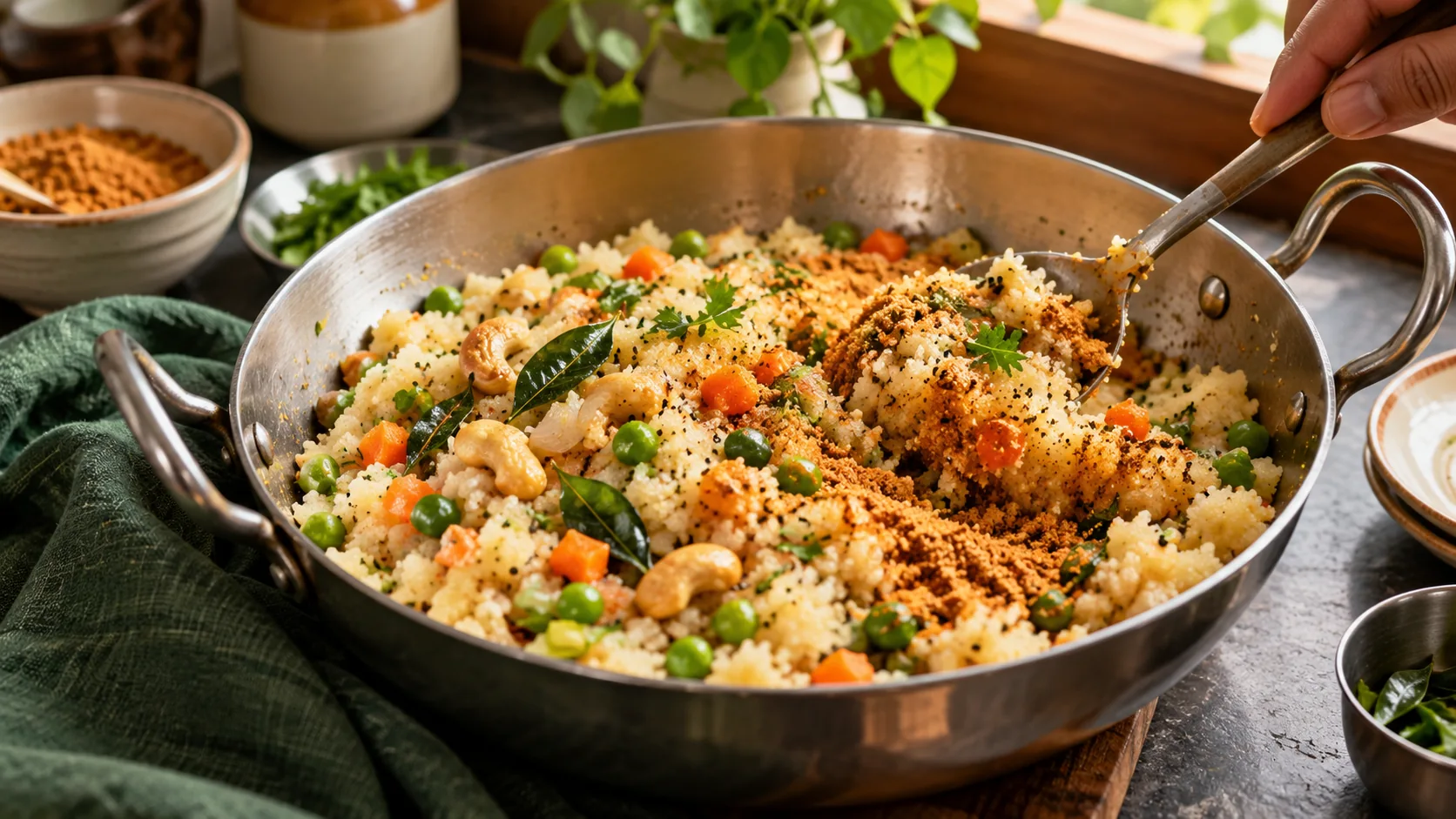 Podi being folded into cooked vegetable upma
