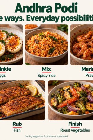 Rapidli Andhra Podi serving inspiration: Sprinkle, Mix, Marinate, Rub and Finish. Food shown is not included.