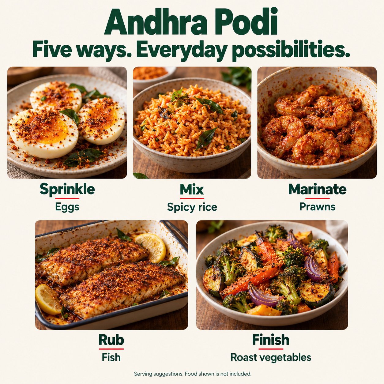 Rapidli Andhra Podi: Sprinkle, Mix, Marinate, Rub and Finish Rapidli Andhra Podi serving inspiration: Sprinkle, Mix, Marinate, Rub and Finish. Food shown is not included.