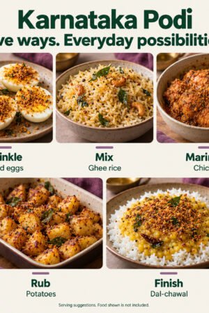 Rapidli Karnataka Podi serving inspiration: Sprinkle, Mix, Marinate, Rub and Finish. Food shown is not included.