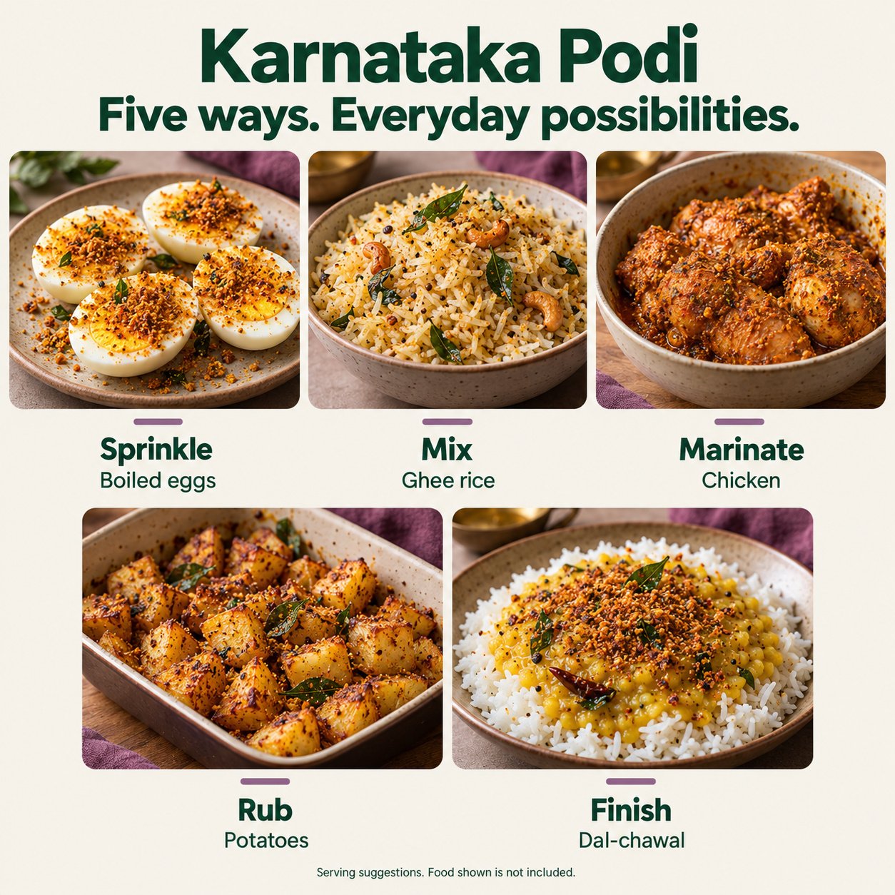 Rapidli Karnataka Podi: Sprinkle, Mix, Marinate, Rub and Finish Rapidli Karnataka Podi serving inspiration: Sprinkle, Mix, Marinate, Rub and Finish. Food shown is not included.