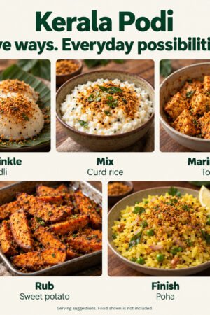 Rapidli Kerala Podi serving inspiration: Sprinkle, Mix, Marinate, Rub and Finish. Food shown is not included.