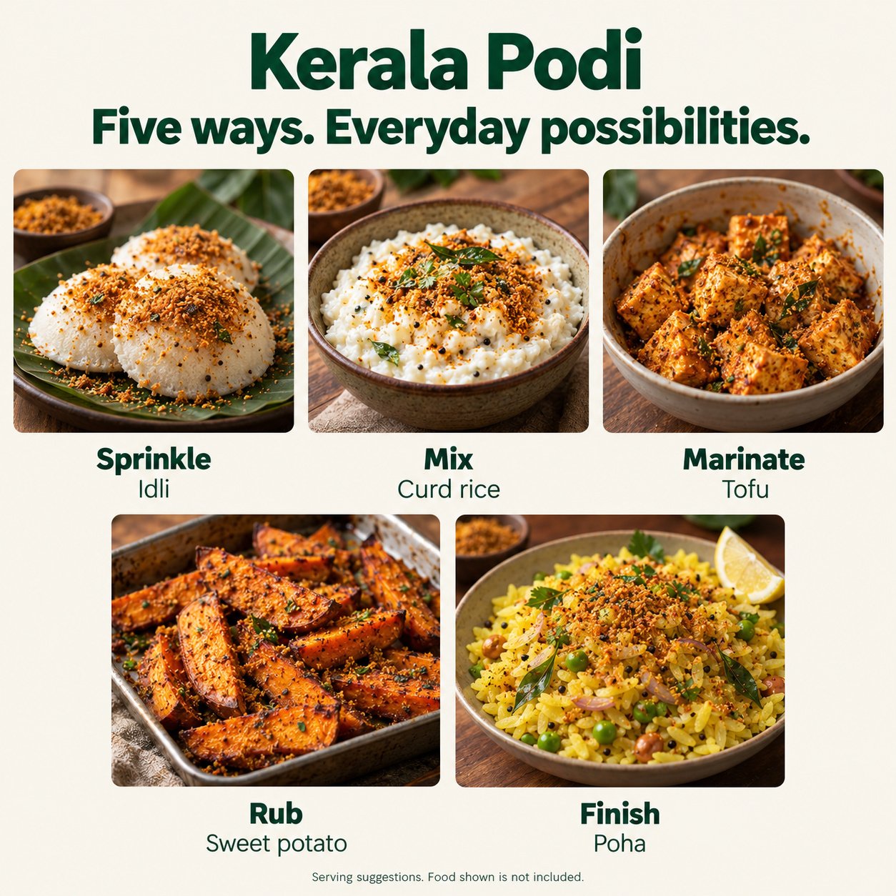Rapidli Kerala Podi: Sprinkle, Mix, Marinate, Rub and Finish Rapidli Kerala Podi serving inspiration: Sprinkle, Mix, Marinate, Rub and Finish. Food shown is not included.