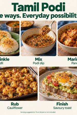 Rapidli Tamil Podi serving inspiration: Sprinkle, Mix, Marinate, Rub and Finish. Food shown is not included.