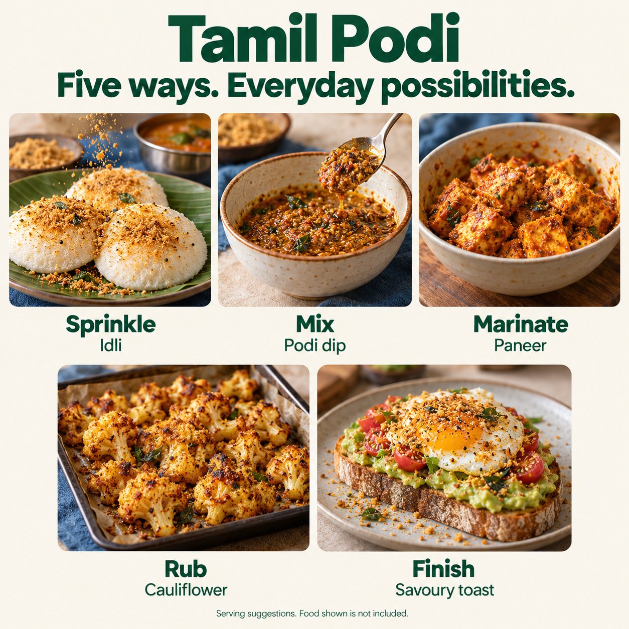 Rapidli Tamil Podi: Sprinkle, Mix, Marinate, Rub and Finish Rapidli Tamil Podi serving inspiration: Sprinkle, Mix, Marinate, Rub and Finish. Food shown is not included.
