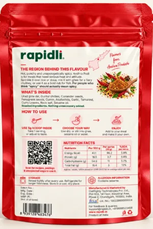 Rapidli Andhra Podi – back product shot with glossy red standup pouch