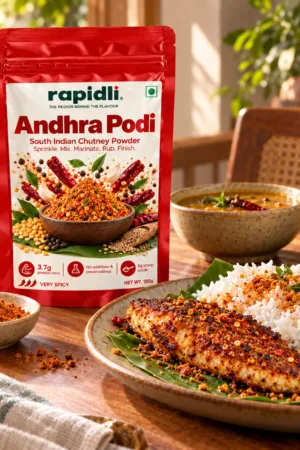 Rapidli andhra Podi contextual shot with South Indian Chutney Powder and Sprinkle Mix Marinate Rub Finish on the front sticker