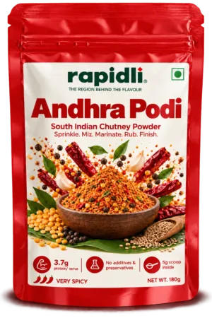 Rapidli andhra Podi front shot with South Indian Chutney Powder and Sprinkle Mix Marinate Rub Finish on the front sticker