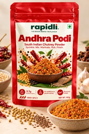 Rapidli andhra Podi ingredients shot with South Indian Chutney Powder and Sprinkle Mix Marinate Rub Finish on the front sticker