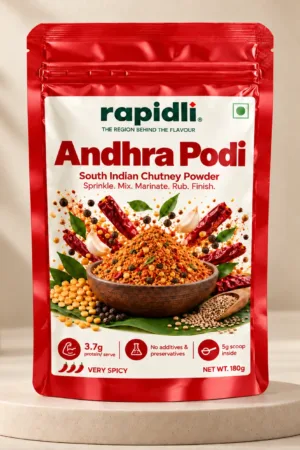Rapidli andhra Podi studio shot with South Indian Chutney Powder and Sprinkle Mix Marinate Rub Finish on the front sticker