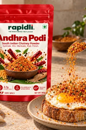 Rapidli andhra Podi use shot with South Indian Chutney Powder and Sprinkle Mix Marinate Rub Finish on the front sticker