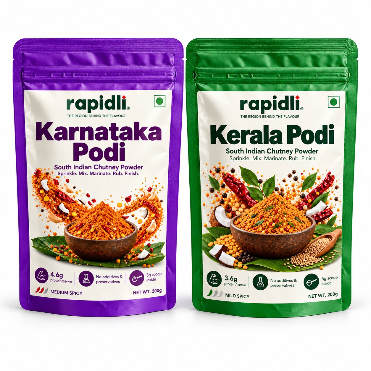 Karnataka + Kerala Podi Combo Karnataka + Kerala Podi Combo – one pouch of each included regional podi