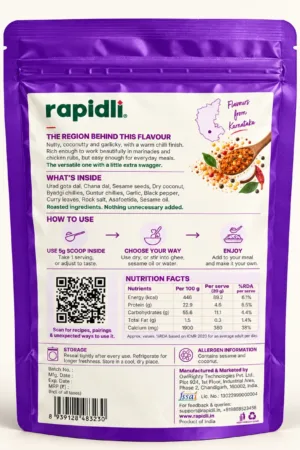 Rapidli Karnataka Podi – back product shot with glossy purple standup pouch