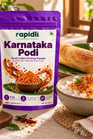 Rapidli karnataka Podi contextual shot with South Indian Chutney Powder and Sprinkle Mix Marinate Rub Finish on the front sticker