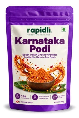 Rapidli karnataka Podi front shot with South Indian Chutney Powder and Sprinkle Mix Marinate Rub Finish on the front sticker
