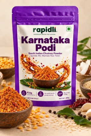 Rapidli karnataka Podi ingredients shot with South Indian Chutney Powder and Sprinkle Mix Marinate Rub Finish on the front sticker