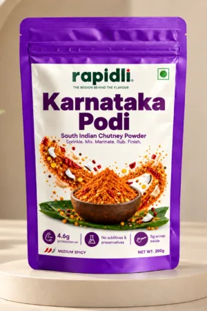 Rapidli karnataka Podi studio shot with South Indian Chutney Powder and Sprinkle Mix Marinate Rub Finish on the front sticker