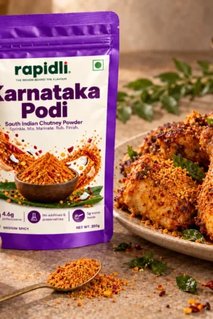 Rapidli karnataka Podi use shot with South Indian Chutney Powder and Sprinkle Mix Marinate Rub Finish on the front sticker