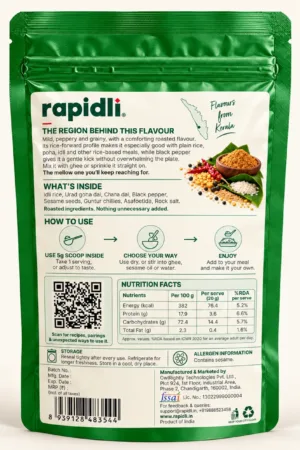 Rapidli Kerala Podi – back product shot with glossy green standup pouch