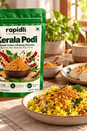 Rapidli kerala Podi contextual shot with South Indian Chutney Powder and Sprinkle Mix Marinate Rub Finish on the front sticker