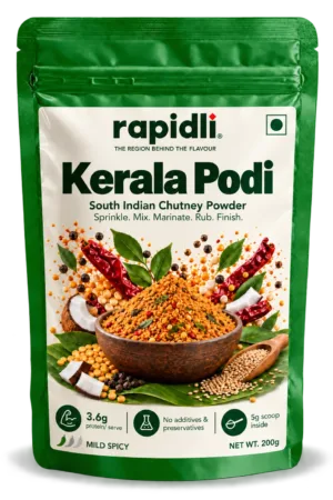 Rapidli kerala Podi front shot with South Indian Chutney Powder and Sprinkle Mix Marinate Rub Finish on the front sticker