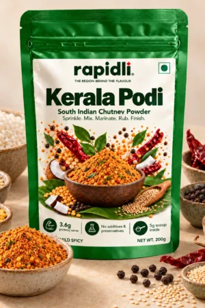 Rapidli kerala Podi ingredients shot with South Indian Chutney Powder and Sprinkle Mix Marinate Rub Finish on the front sticker