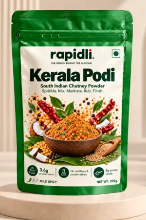 Rapidli kerala Podi studio shot with South Indian Chutney Powder and Sprinkle Mix Marinate Rub Finish on the front sticker