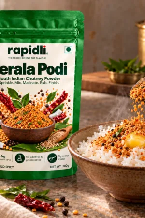 Rapidli kerala Podi use shot with South Indian Chutney Powder and Sprinkle Mix Marinate Rub Finish on the front sticker