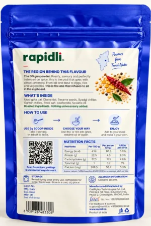 Rapidli Tamil Podi – back product shot with glossy blue standup pouch