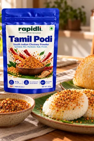Rapidli tamil Podi contextual shot with South Indian Chutney Powder and Sprinkle Mix Marinate Rub Finish on the front sticker