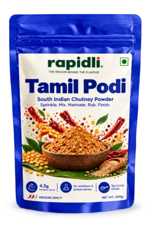 Rapidli tamil Podi front shot with South Indian Chutney Powder and Sprinkle Mix Marinate Rub Finish on the front sticker