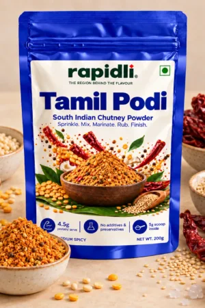 Rapidli tamil Podi ingredients shot with South Indian Chutney Powder and Sprinkle Mix Marinate Rub Finish on the front sticker