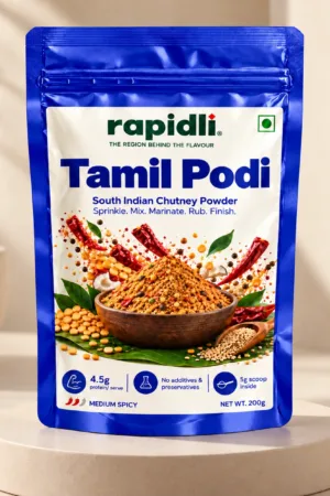 Rapidli tamil Podi studio shot with South Indian Chutney Powder and Sprinkle Mix Marinate Rub Finish on the front sticker