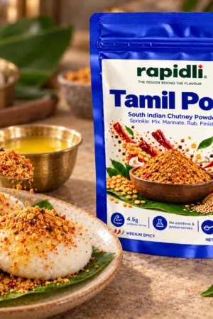Rapidli tamil Podi use shot with South Indian Chutney Powder and Sprinkle Mix Marinate Rub Finish on the front sticker