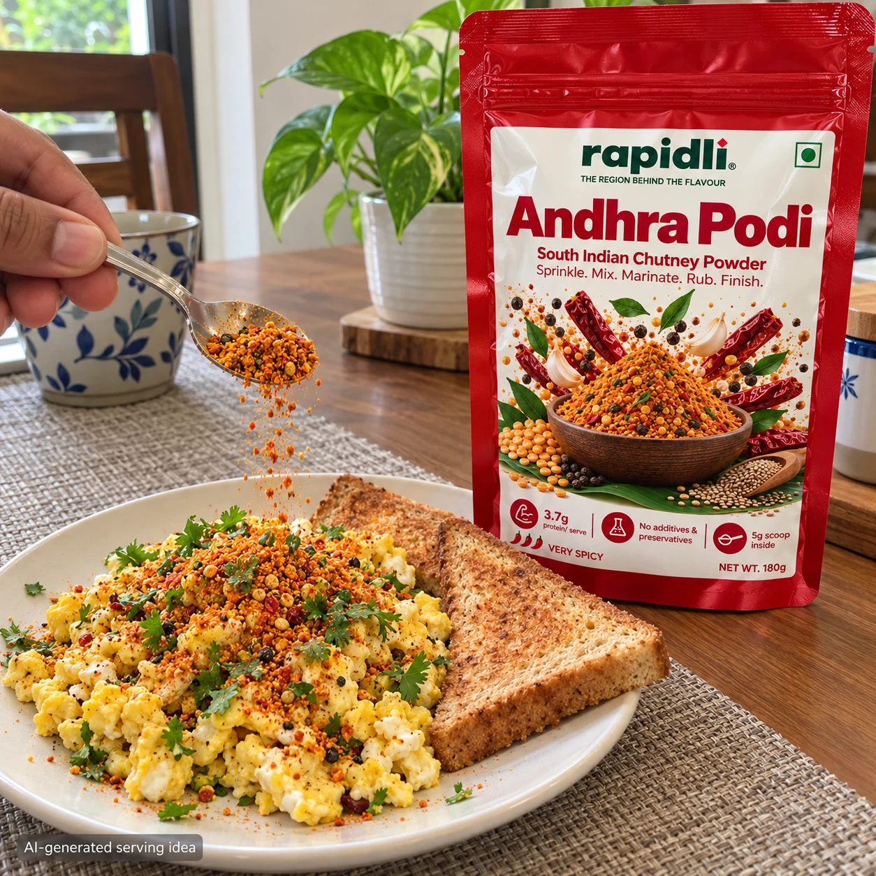 AI-generated serving idea: Andhra Podi beside scrambled eggs with a kick