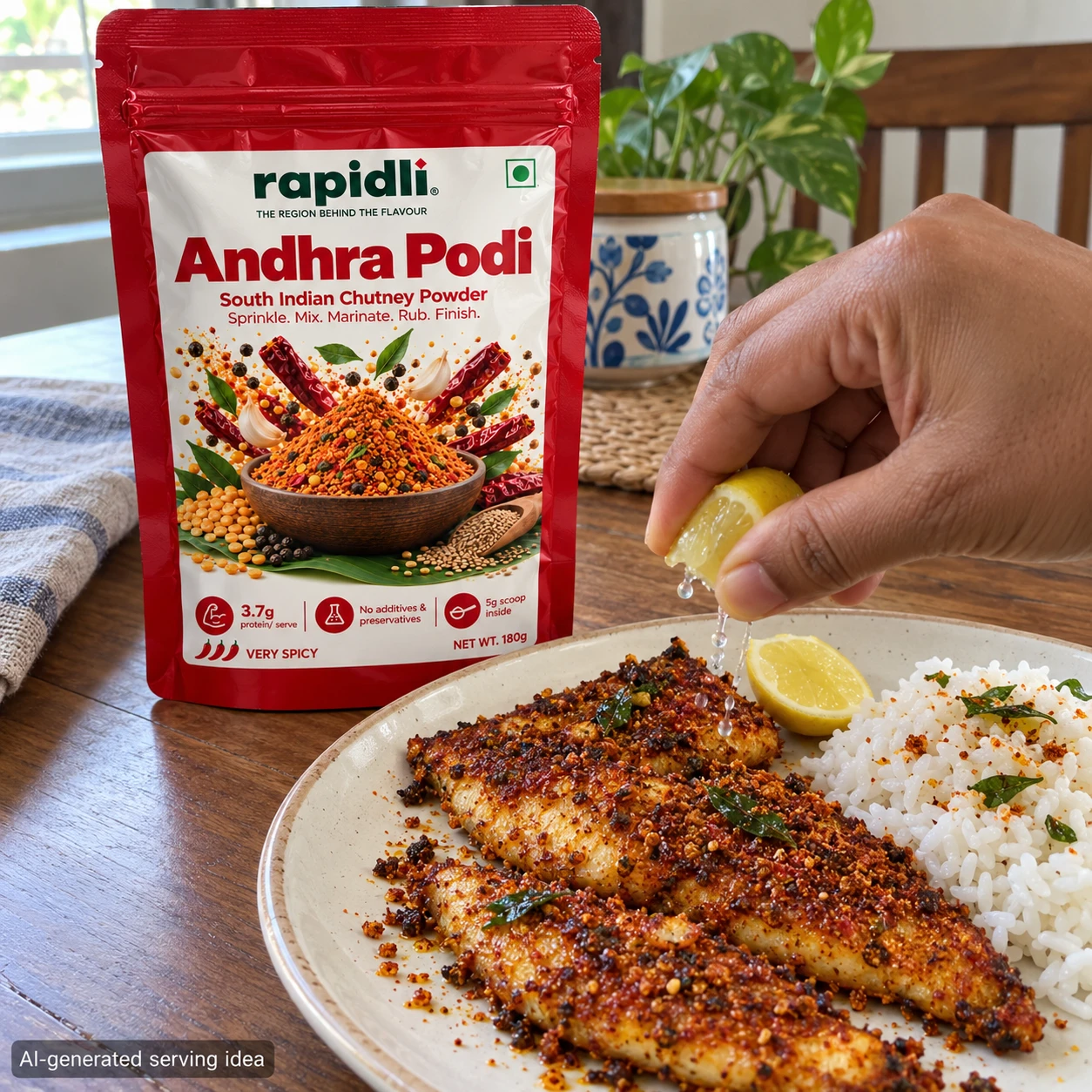 AI-generated serving idea: Andhra Podi beside fish with a fiery crust