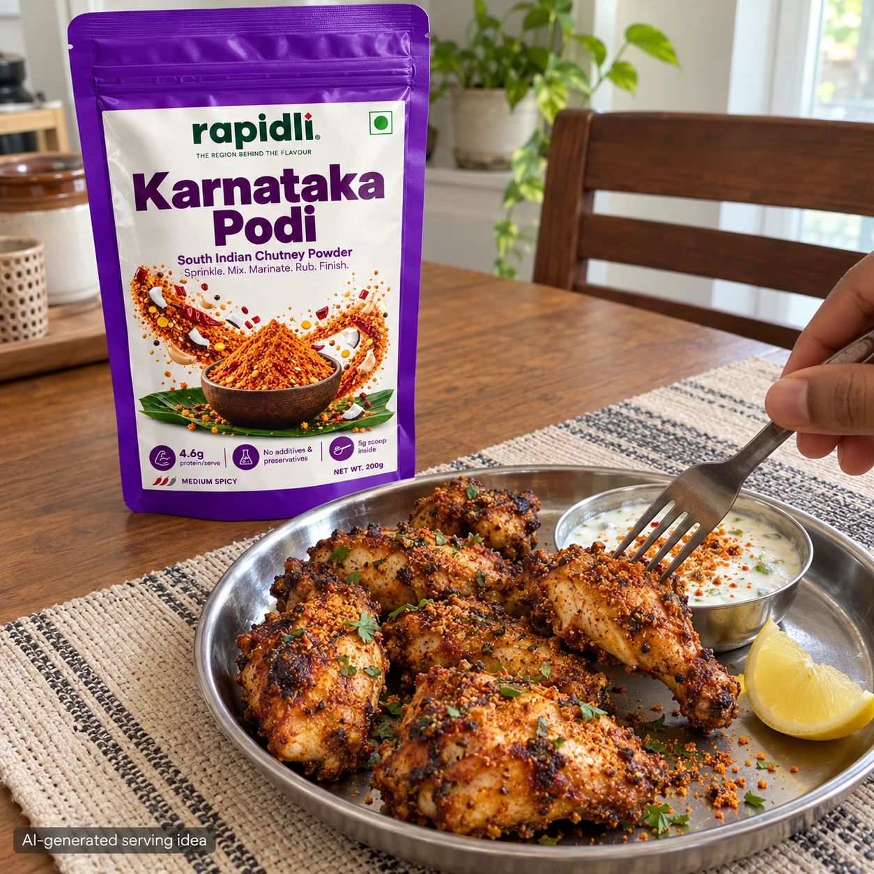 AI-generated serving idea: Karnataka Podi beside chicken with a roasted finish