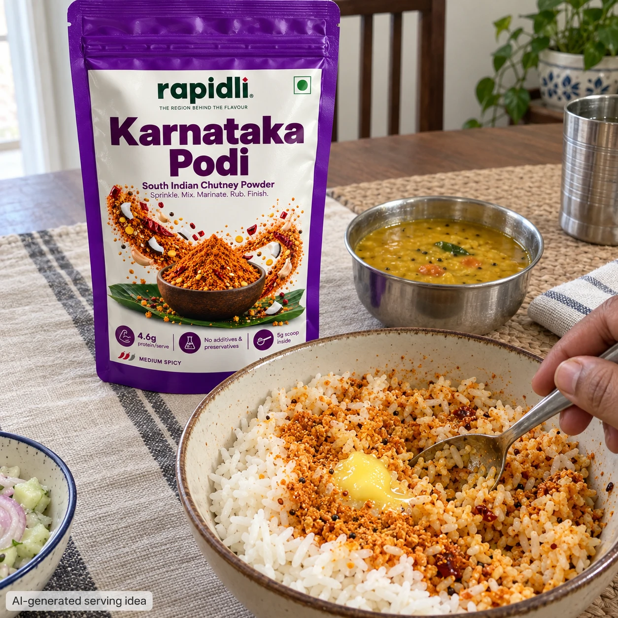 AI-generated serving idea: Karnataka Podi beside ghee rice, made more