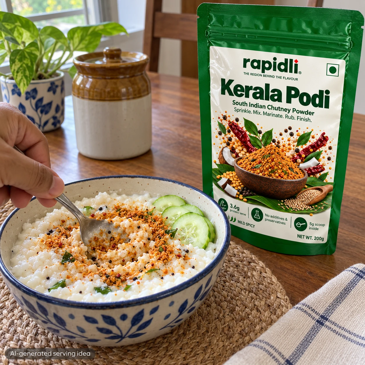 AI-generated serving idea: Kerala Podi beside curd rice with another layer