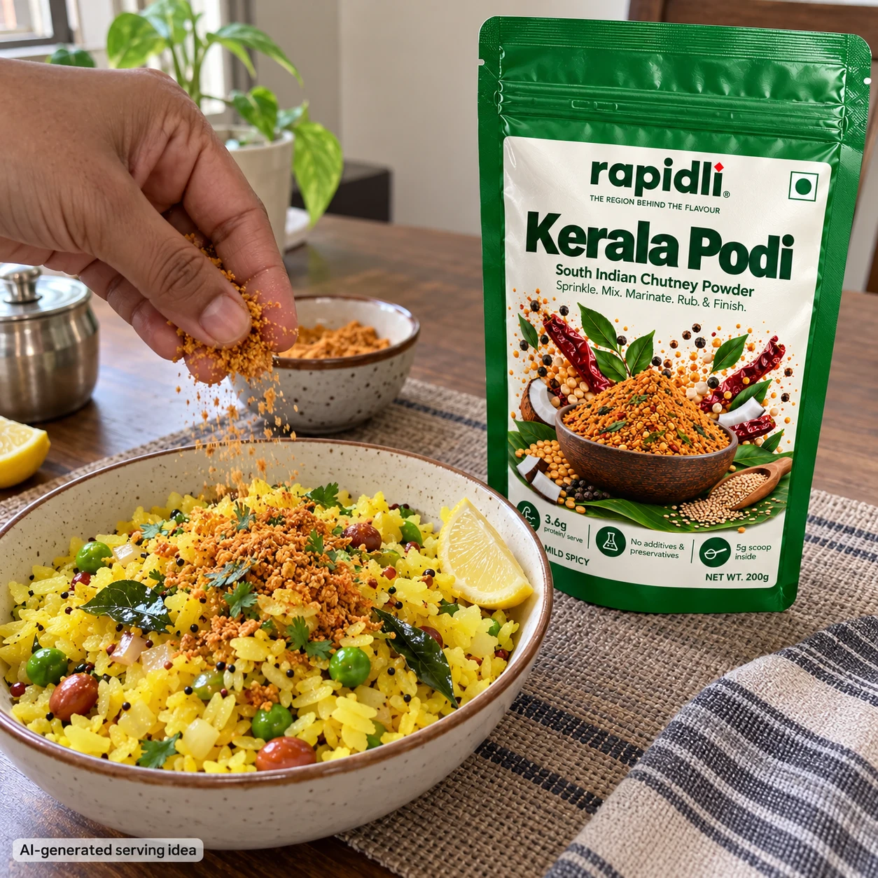 AI-generated serving idea: Kerala Podi beside a peppery finish for poha